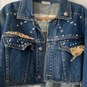 Vintage Jean Denim Frayed Edge Stud & Embellished FREEGO Leather Cropped Jacket